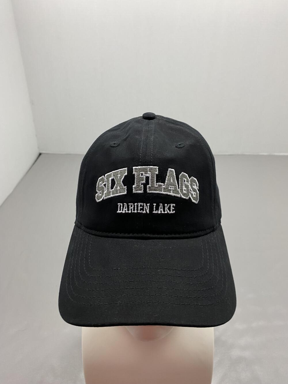 Six Flags Hat Cap Strap Back One Size Black Twill Cotton Baseball Cap Mens